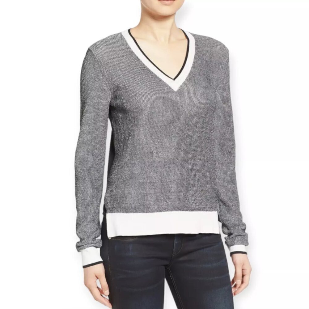 RAG & BONE *Flawed Ainsley Gray Black White Knit V-Neck Split Hem Sweater Medium